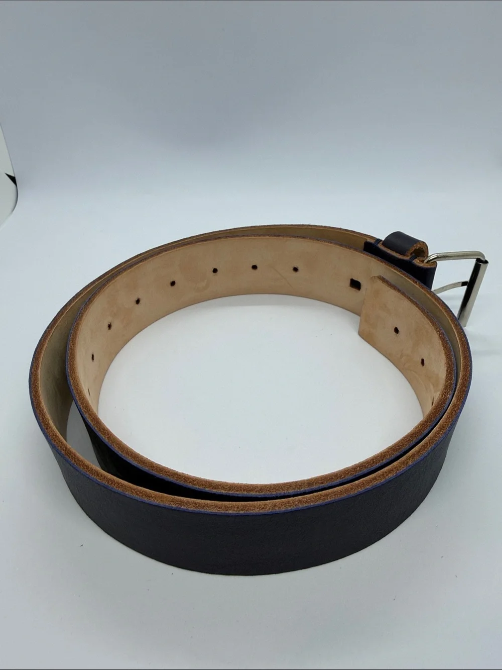 Vera Pelle Navy Leather Belt with Silver Buckle and Natural Lining